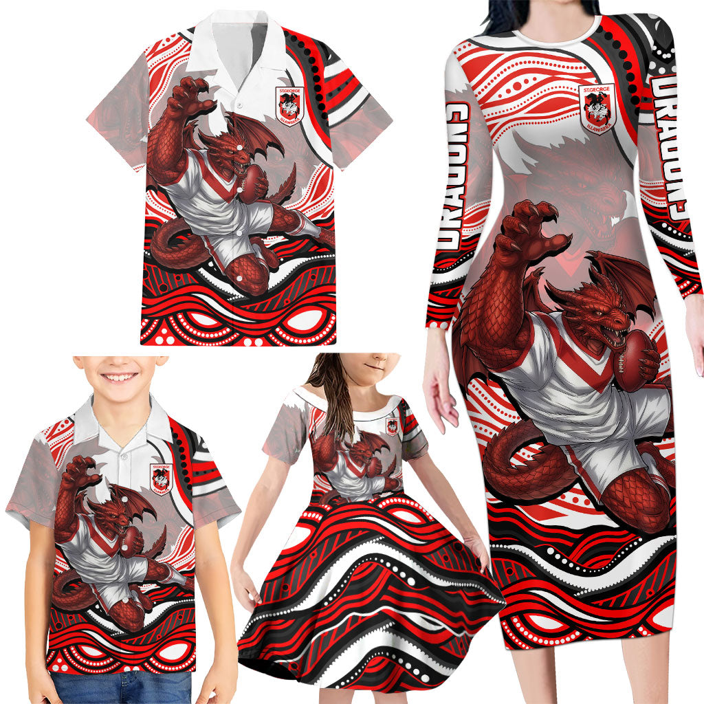 Personalized St George Illawarra Dragons Family Matching Long Sleeve Bodycon Dress and Hawaiian Shirt Aboriginal Dot Art - Dreamtime Rugby Mascot