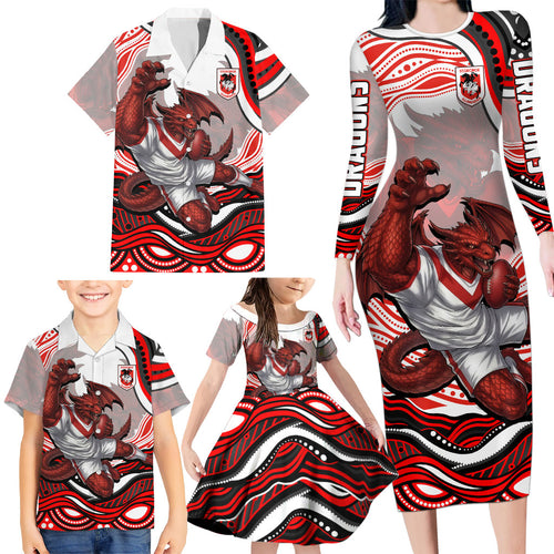 Personalized St George Illawarra Dragons Family Matching Long Sleeve Bodycon Dress and Hawaiian Shirt Aboriginal Dot Art - Dreamtime Rugby Mascot