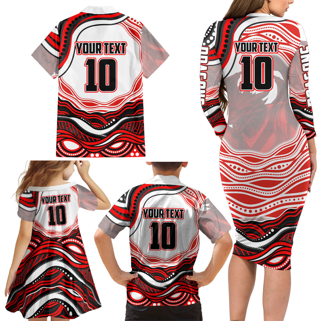 Personalized St George Illawarra Dragons Family Matching Long Sleeve Bodycon Dress and Hawaiian Shirt Aboriginal Dot Art - Dreamtime Rugby Mascot