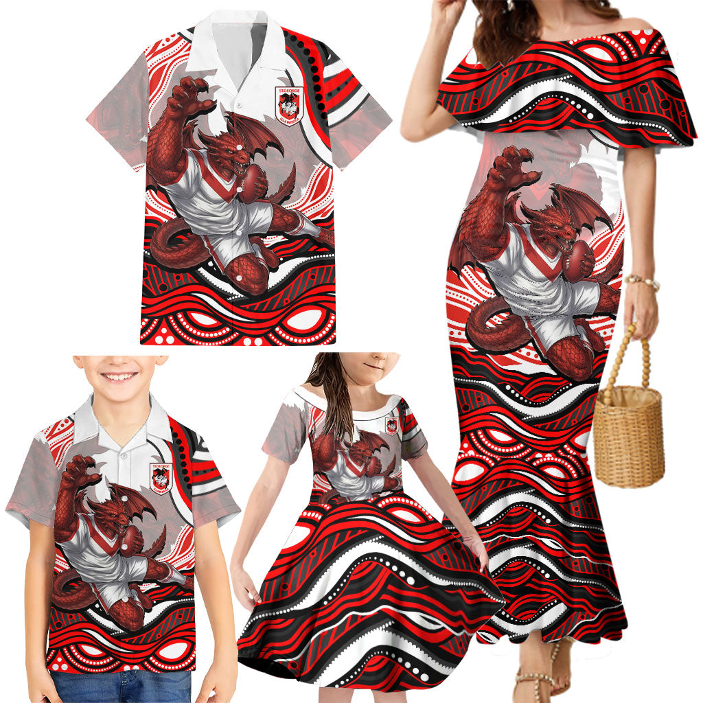 Personalized St George Illawarra Dragons Family Matching Mermaid Dress and Hawaiian Shirt Aboriginal Dot Art - Dreamtime Rugby Mascot