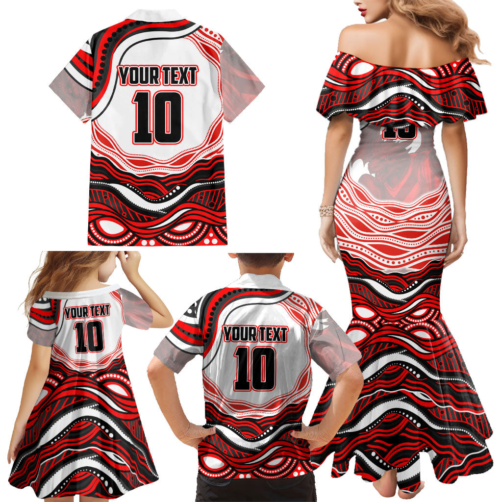 Personalized St George Illawarra Dragons Family Matching Mermaid Dress and Hawaiian Shirt Aboriginal Dot Art - Dreamtime Rugby Mascot