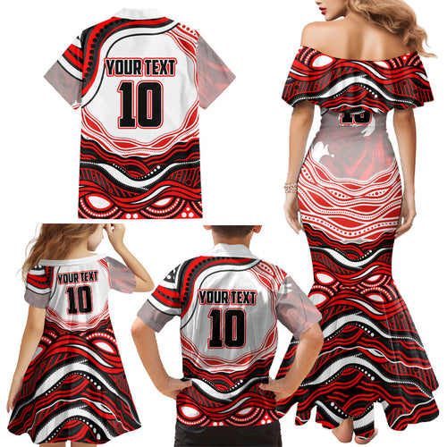 Personalized St George Illawarra Dragons Family Matching Mermaid Dress and Hawaiian Shirt Aboriginal Dot Art - Dreamtime Rugby Mascot