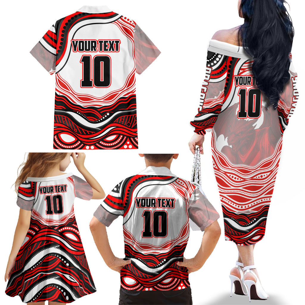 Personalized St George Illawarra Dragons Family Matching Off The Shoulder Long Sleeve Dress and Hawaiian Shirt Aboriginal Dot Art - Dreamtime Rugby Mascot