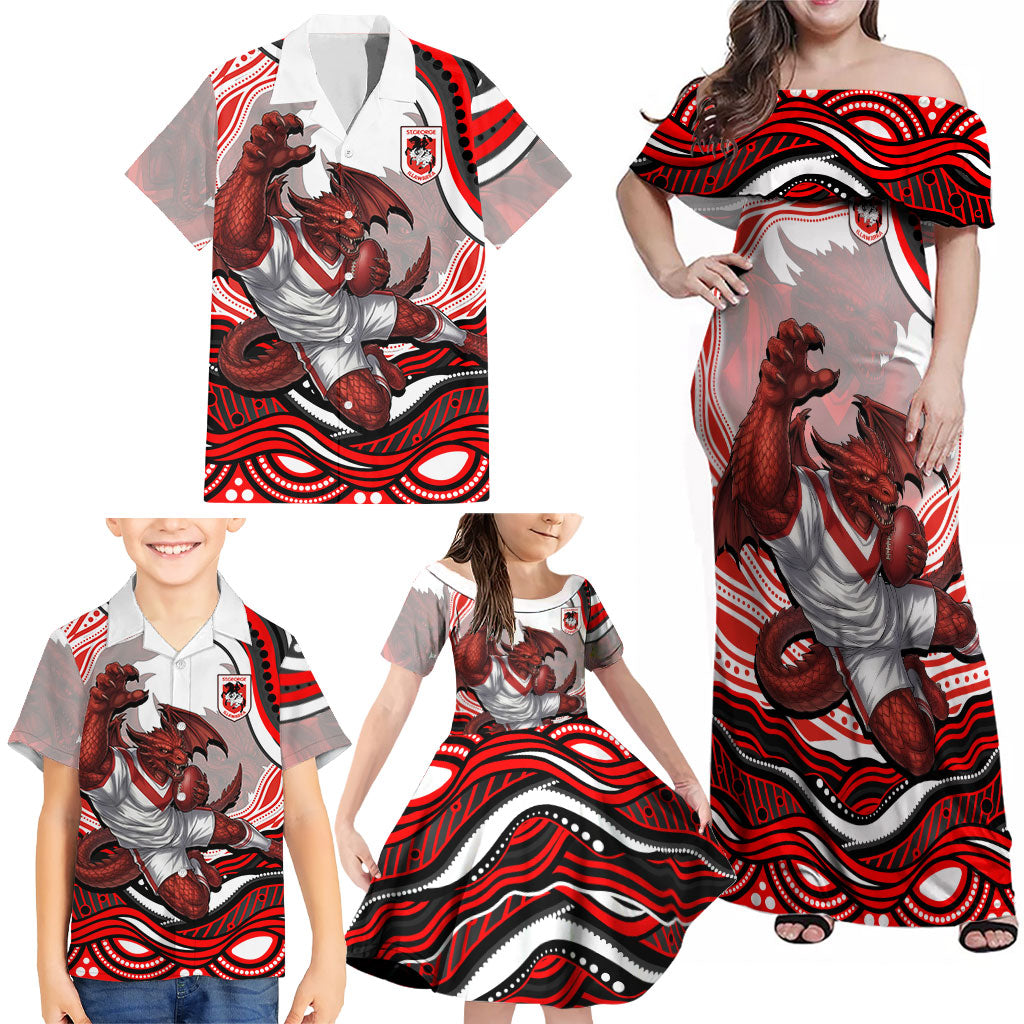 Personalized St George Illawarra Dragons Family Matching Off Shoulder Maxi Dress and Hawaiian Shirt Aboriginal Dot Art - Dreamtime Rugby Mascot