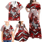 Personalized St George Illawarra Dragons Family Matching Off Shoulder Maxi Dress and Hawaiian Shirt Aboriginal Dot Art - Dreamtime Rugby Mascot