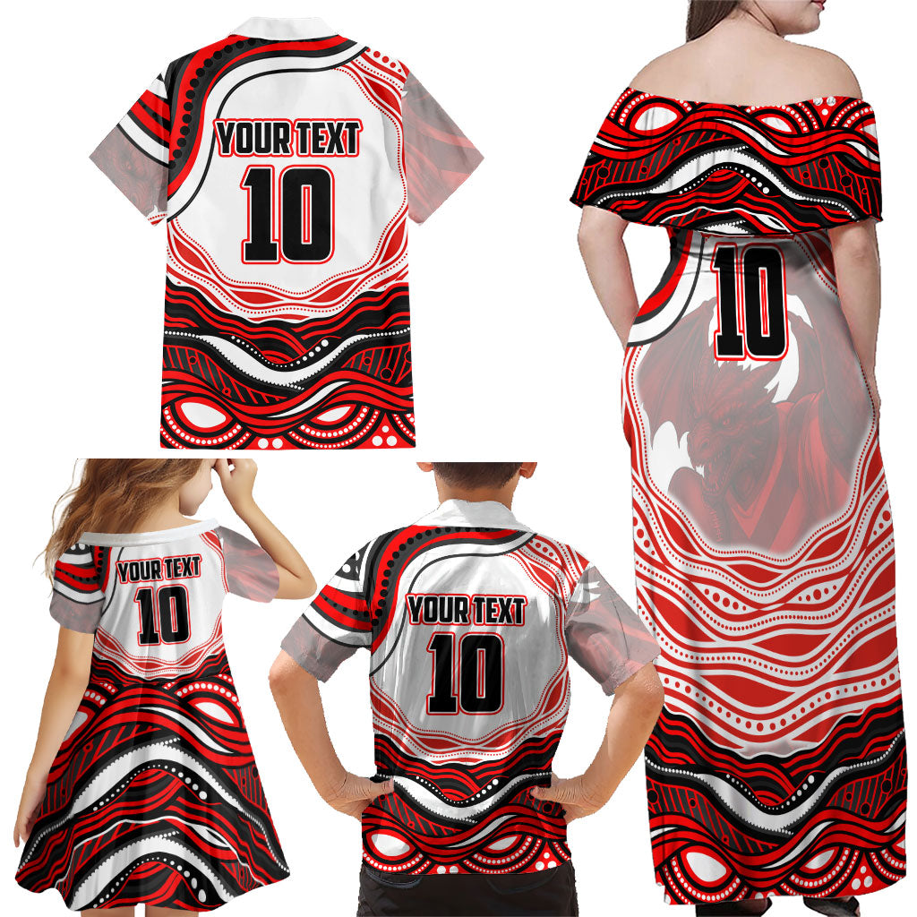 Personalized St George Illawarra Dragons Family Matching Off Shoulder Maxi Dress and Hawaiian Shirt Aboriginal Dot Art - Dreamtime Rugby Mascot