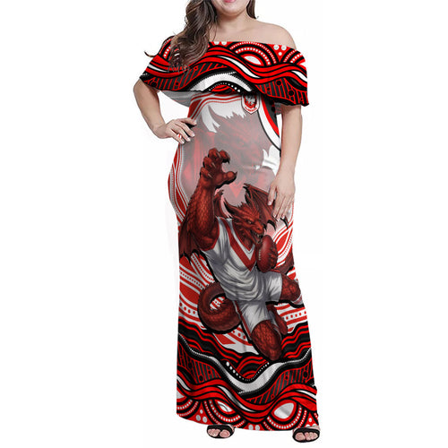Personalized St George Illawarra Dragons Family Matching Off Shoulder Maxi Dress and Hawaiian Shirt Aboriginal Dot Art - Dreamtime Rugby Mascot