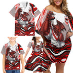 Personalized St George Illawarra Dragons Family Matching Off Shoulder Short Dress and Hawaiian Shirt Aboriginal Dot Art - Dreamtime Rugby Mascot
