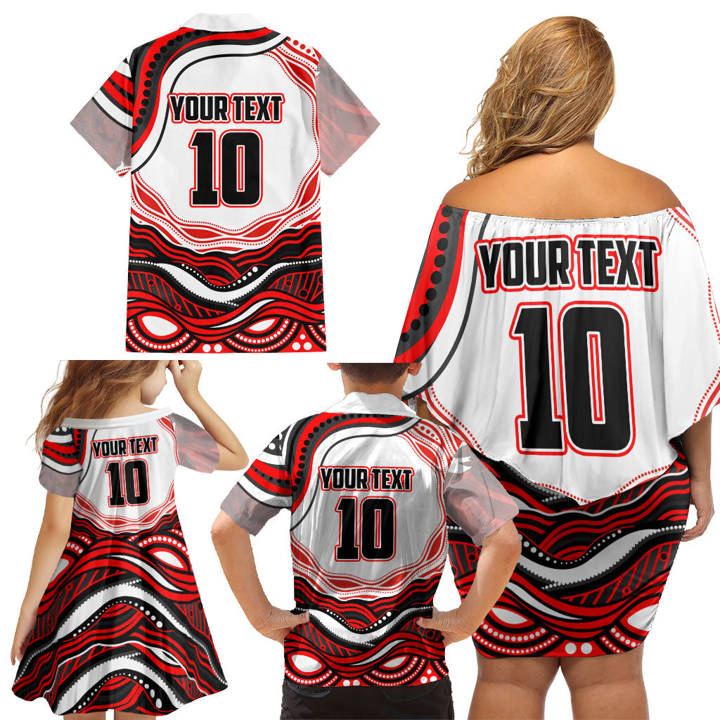 Personalized St George Illawarra Dragons Family Matching Off Shoulder Short Dress and Hawaiian Shirt Aboriginal Dot Art - Dreamtime Rugby Mascot