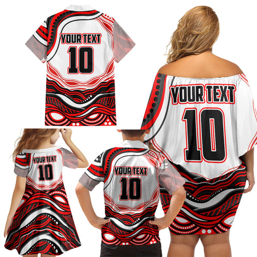 Personalized St George Illawarra Dragons Family Matching Off Shoulder Short Dress and Hawaiian Shirt Aboriginal Dot Art - Dreamtime Rugby Mascot