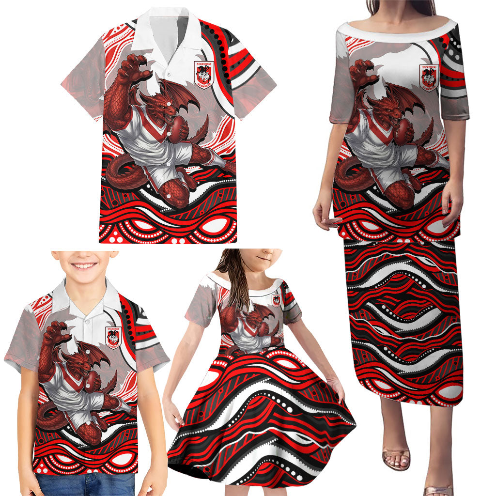 Personalized St George Illawarra Dragons Family Matching Puletasi and Hawaiian Shirt Aboriginal Dot Art - Dreamtime Rugby Mascot
