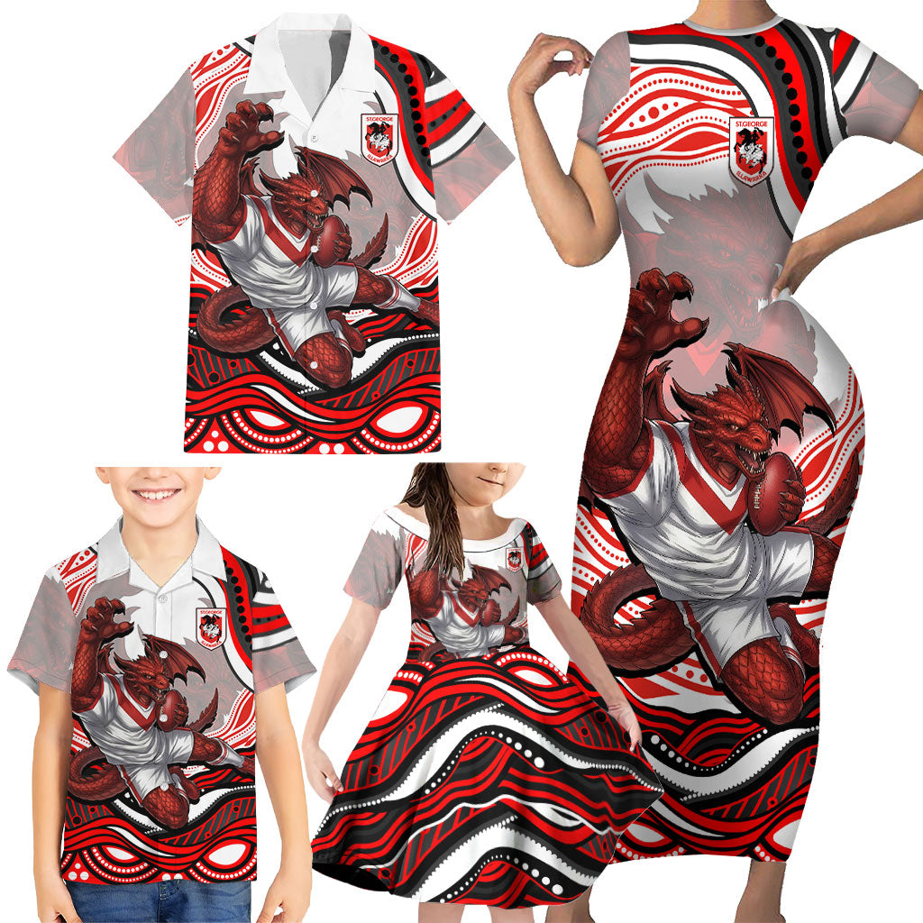 Personalized St George Illawarra Dragons Family Matching Short Sleeve Bodycon Dress and Hawaiian Shirt Aboriginal Dot Art - Dreamtime Rugby Mascot