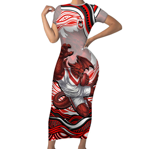 Personalized St George Illawarra Dragons Family Matching Short Sleeve Bodycon Dress and Hawaiian Shirt Aboriginal Dot Art - Dreamtime Rugby Mascot