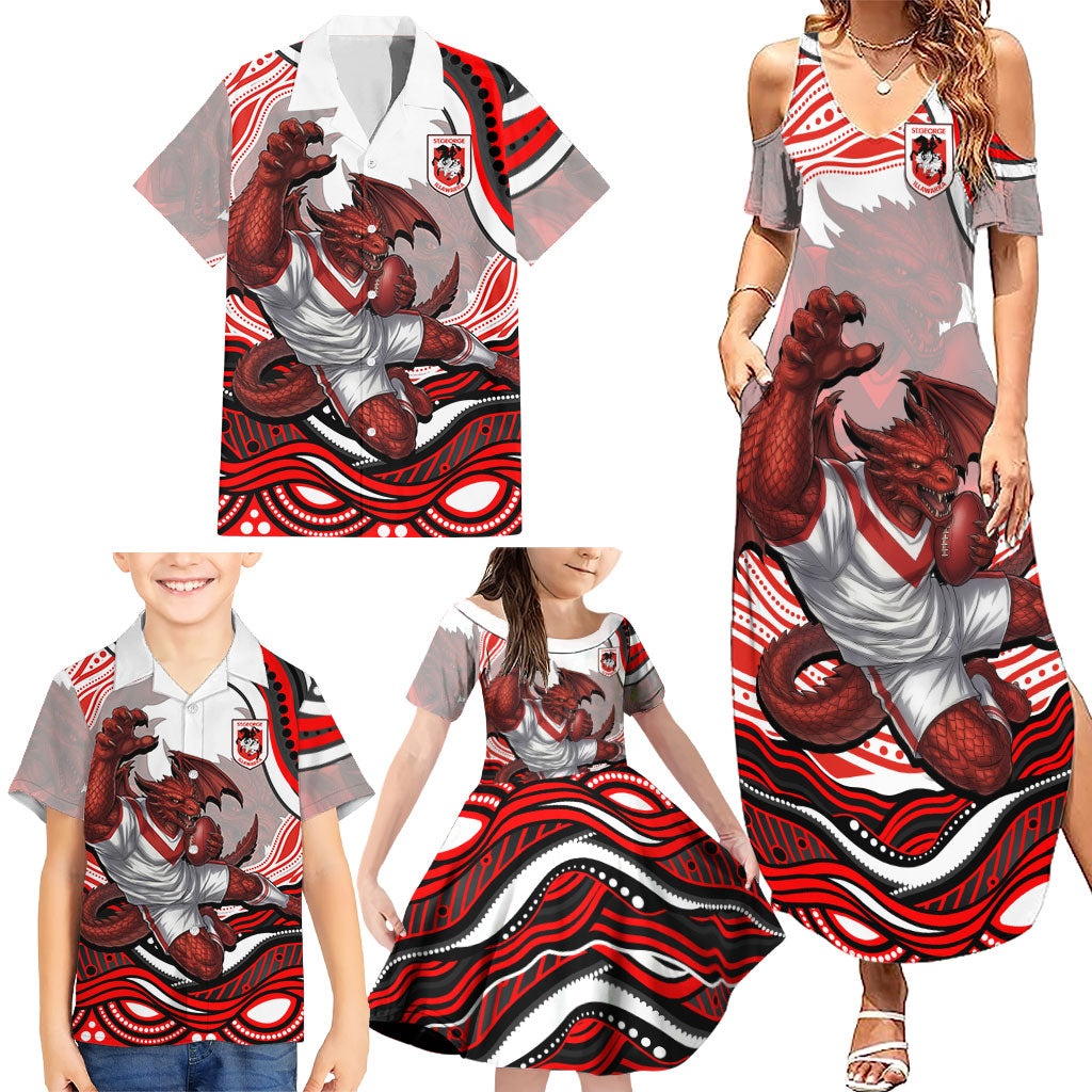 Personalized St George Illawarra Dragons Family Matching Summer Maxi Dress and Hawaiian Shirt Aboriginal Dot Art - Dreamtime Rugby Mascot