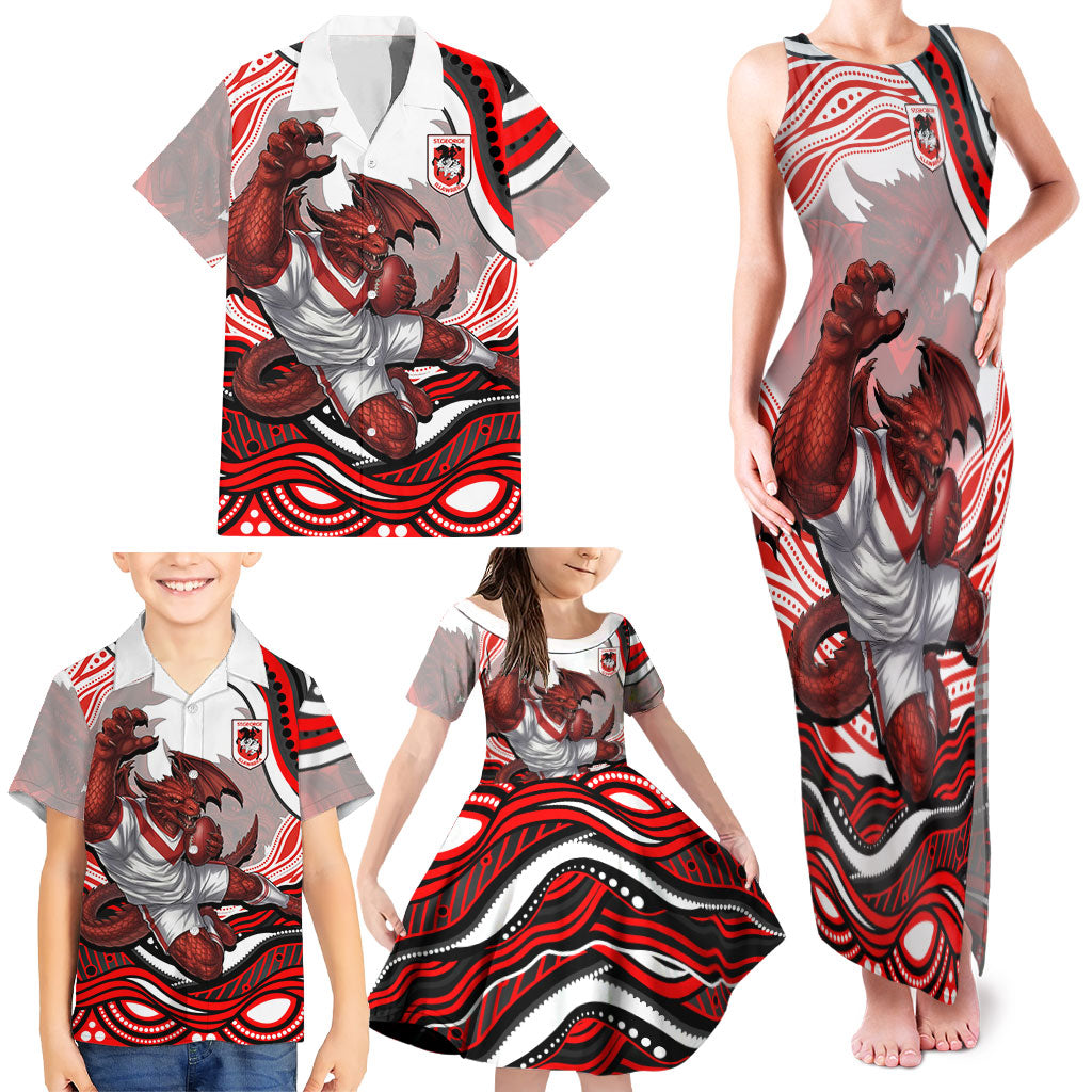 Personalized St George Illawarra Dragons Family Matching Tank Maxi Dress and Hawaiian Shirt Aboriginal Dot Art - Dreamtime Rugby Mascot