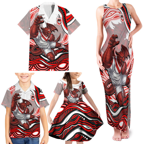 Personalized St George Illawarra Dragons Family Matching Tank Maxi Dress and Hawaiian Shirt Aboriginal Dot Art - Dreamtime Rugby Mascot