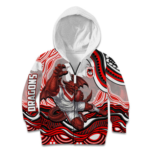 Personalized St George Illawarra Dragons Kid Hoodie Aboriginal Dot Art - Dreamtime Rugby Mascot