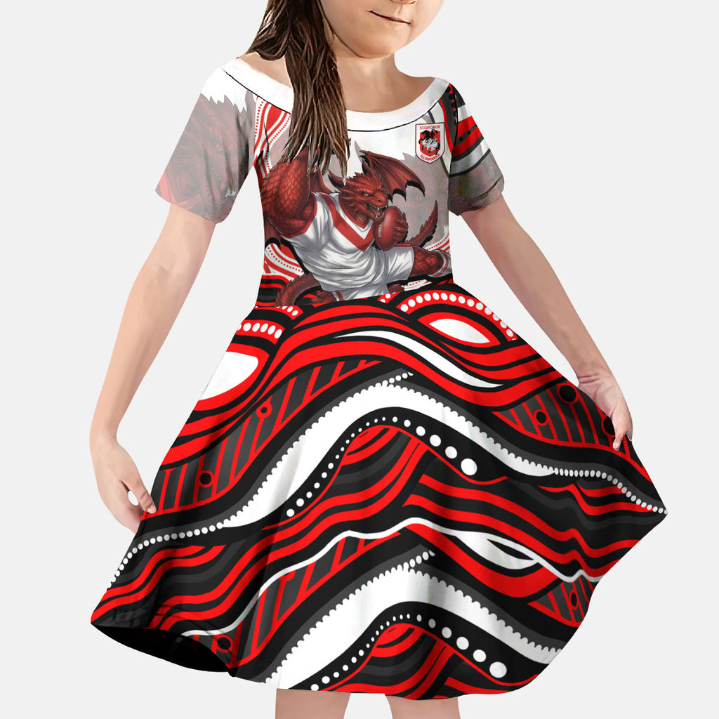 Personalized St George Illawarra Dragons Kid Short Sleeve Dress Aboriginal Dot Art - Dreamtime Rugby Mascot