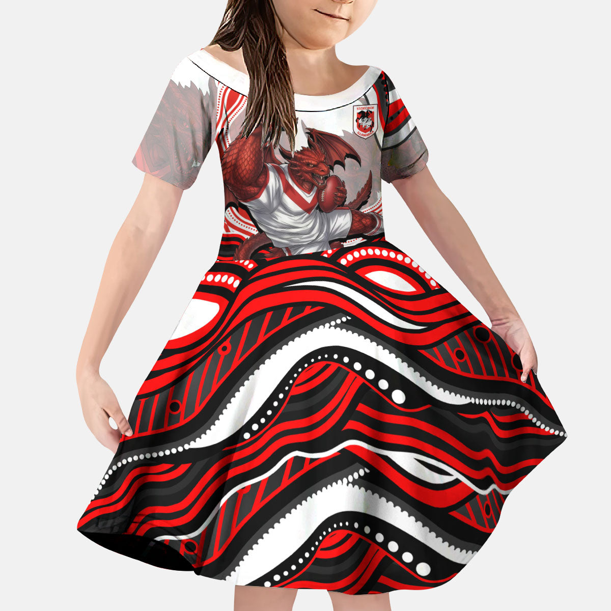 Personalized St George Illawarra Dragons Kid Short Sleeve Dress Aboriginal Dot Art - Dreamtime Rugby Mascot
