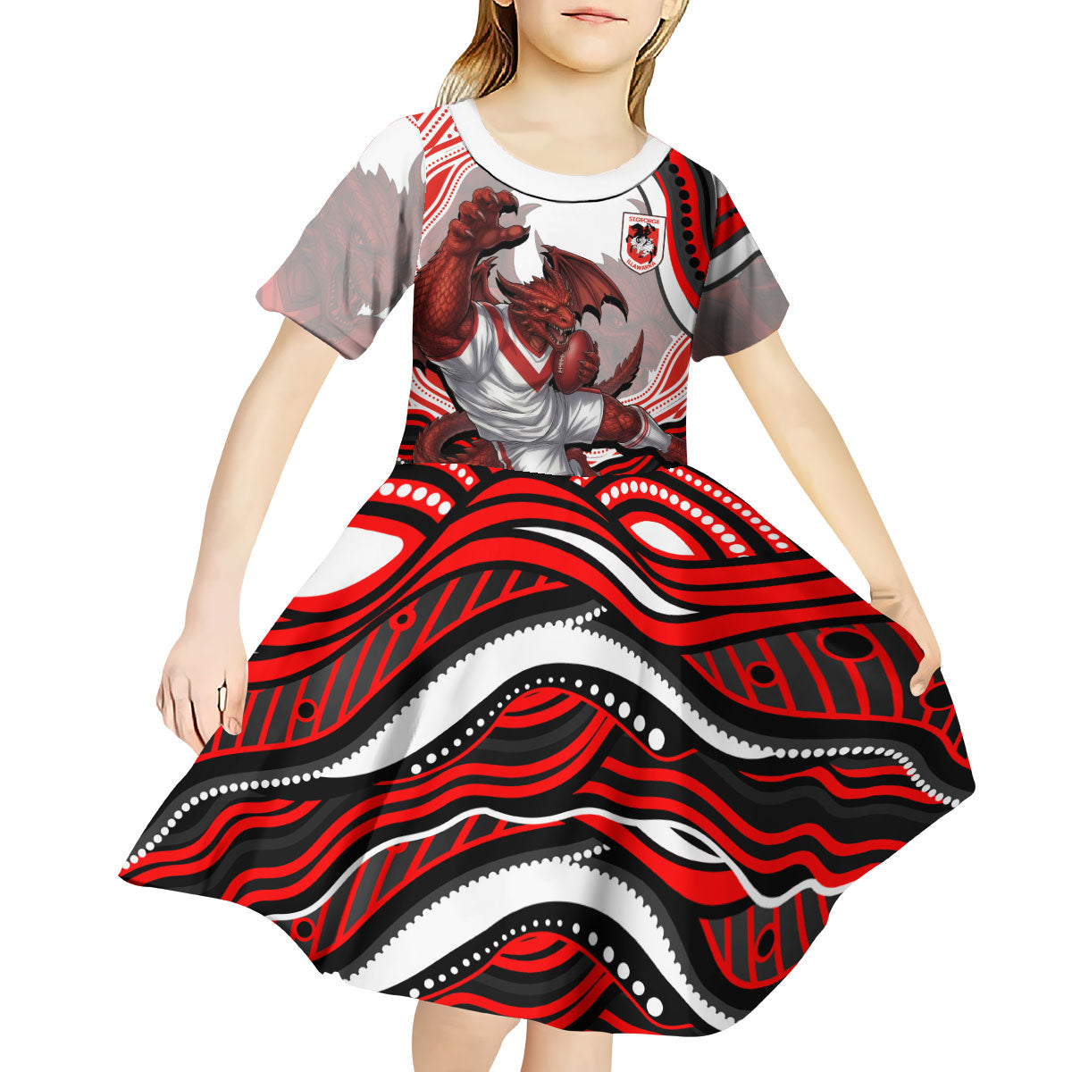Personalized St George Illawarra Dragons Kid Short Sleeve Dress Aboriginal Dot Art - Dreamtime Rugby Mascot