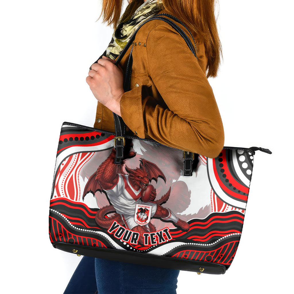 Personalized St George Illawarra Dragons Leather Tote Bag Aboriginal Dot Art - Dreamtime Rugby Mascot