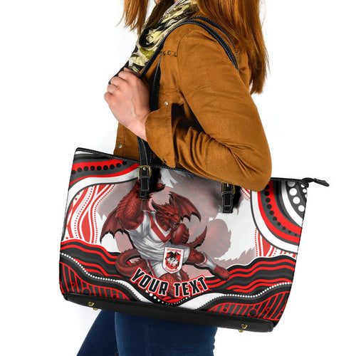 Personalized St George Illawarra Dragons Leather Tote Bag Aboriginal Dot Art - Dreamtime Rugby Mascot