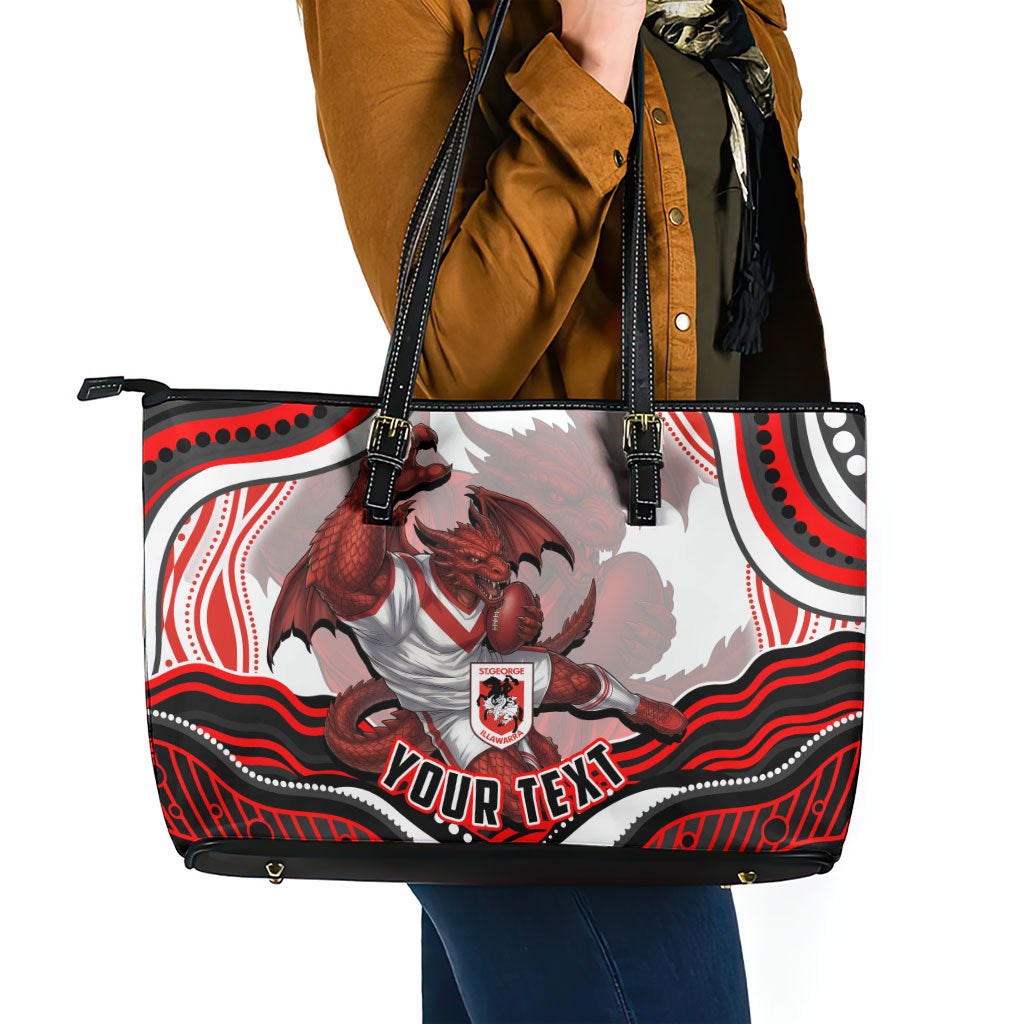 Personalized St George Illawarra Dragons Leather Tote Bag Aboriginal Dot Art - Dreamtime Rugby Mascot