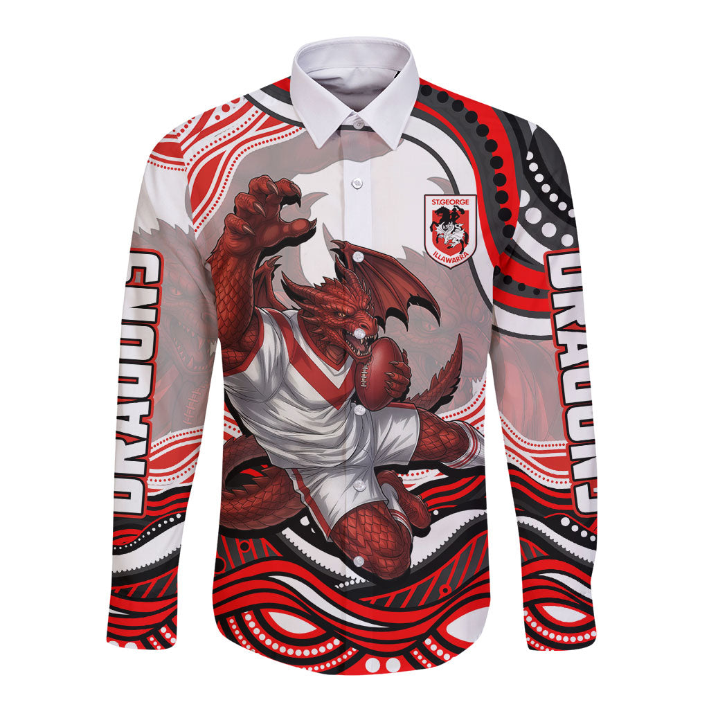 Personalized St George Illawarra Dragons Long Sleeve Button Shirt Aboriginal Dot Art - Dreamtime Rugby Mascot