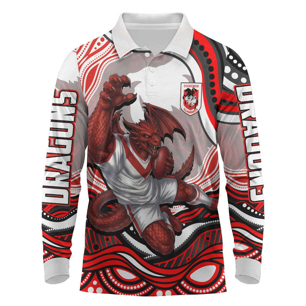 Personalized St George Illawarra Dragons Long Sleeve Polo Shirt Aboriginal Dot Art - Dreamtime Rugby Mascot