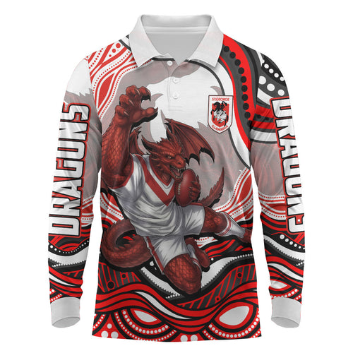 Personalized St George Illawarra Dragons Long Sleeve Polo Shirt Aboriginal Dot Art - Dreamtime Rugby Mascot