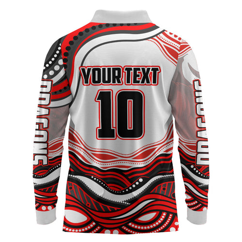 Personalized St George Illawarra Dragons Long Sleeve Polo Shirt Aboriginal Dot Art - Dreamtime Rugby Mascot