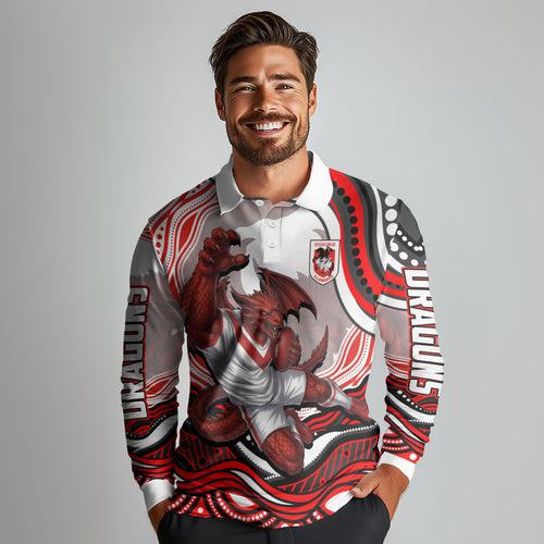 Personalized St George Illawarra Dragons Long Sleeve Polo Shirt Aboriginal Dot Art - Dreamtime Rugby Mascot