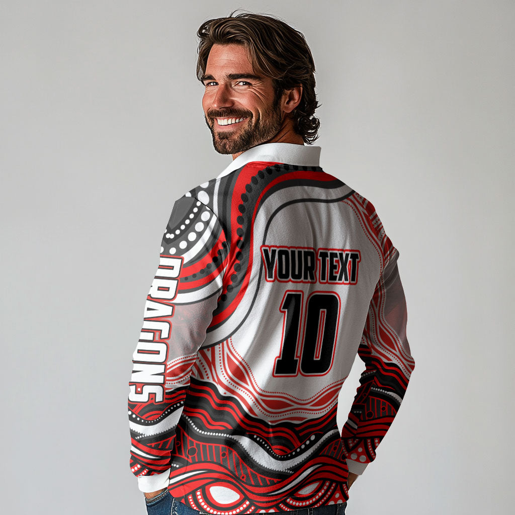 Personalized St George Illawarra Dragons Long Sleeve Polo Shirt Aboriginal Dot Art - Dreamtime Rugby Mascot