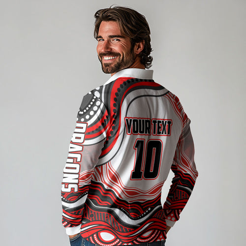 Personalized St George Illawarra Dragons Long Sleeve Polo Shirt Aboriginal Dot Art - Dreamtime Rugby Mascot