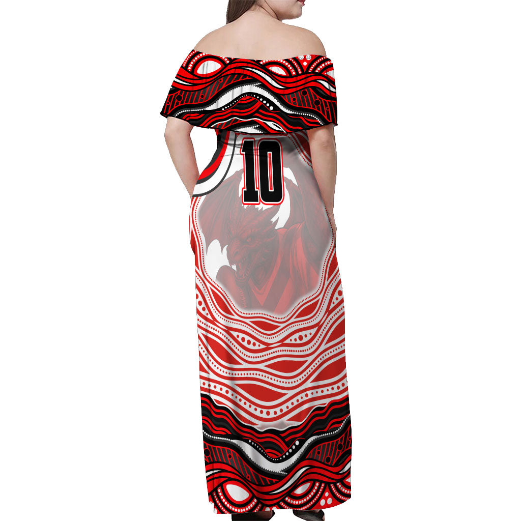 Personalized St George Illawarra Dragons Off Shoulder Maxi Dress Aboriginal Dot Art - Dreamtime Rugby Mascot