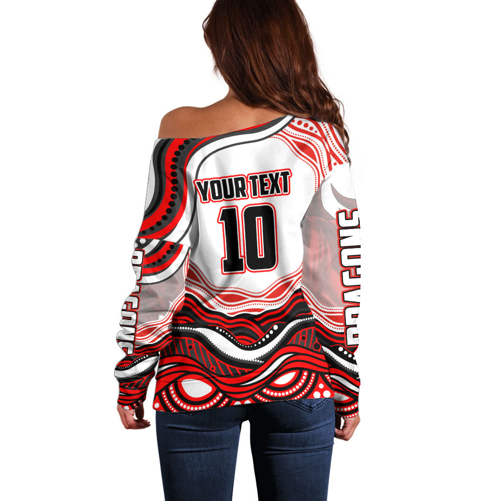 Personalized St George Illawarra Dragons Off Shoulder Sweater Aboriginal Dot Art - Dreamtime Rugby Mascot