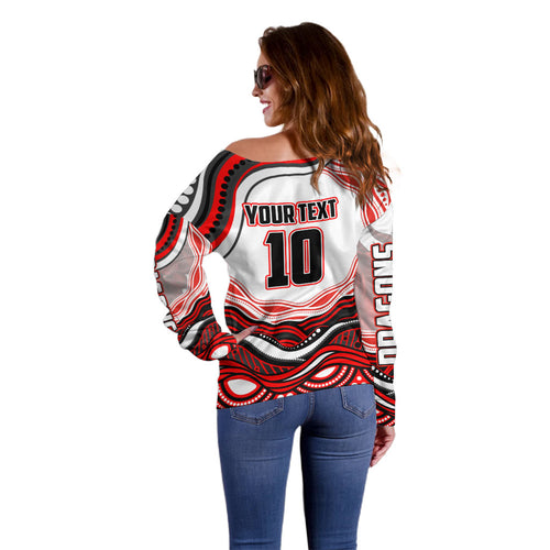 Personalized St George Illawarra Dragons Off Shoulder Sweater Aboriginal Dot Art - Dreamtime Rugby Mascot