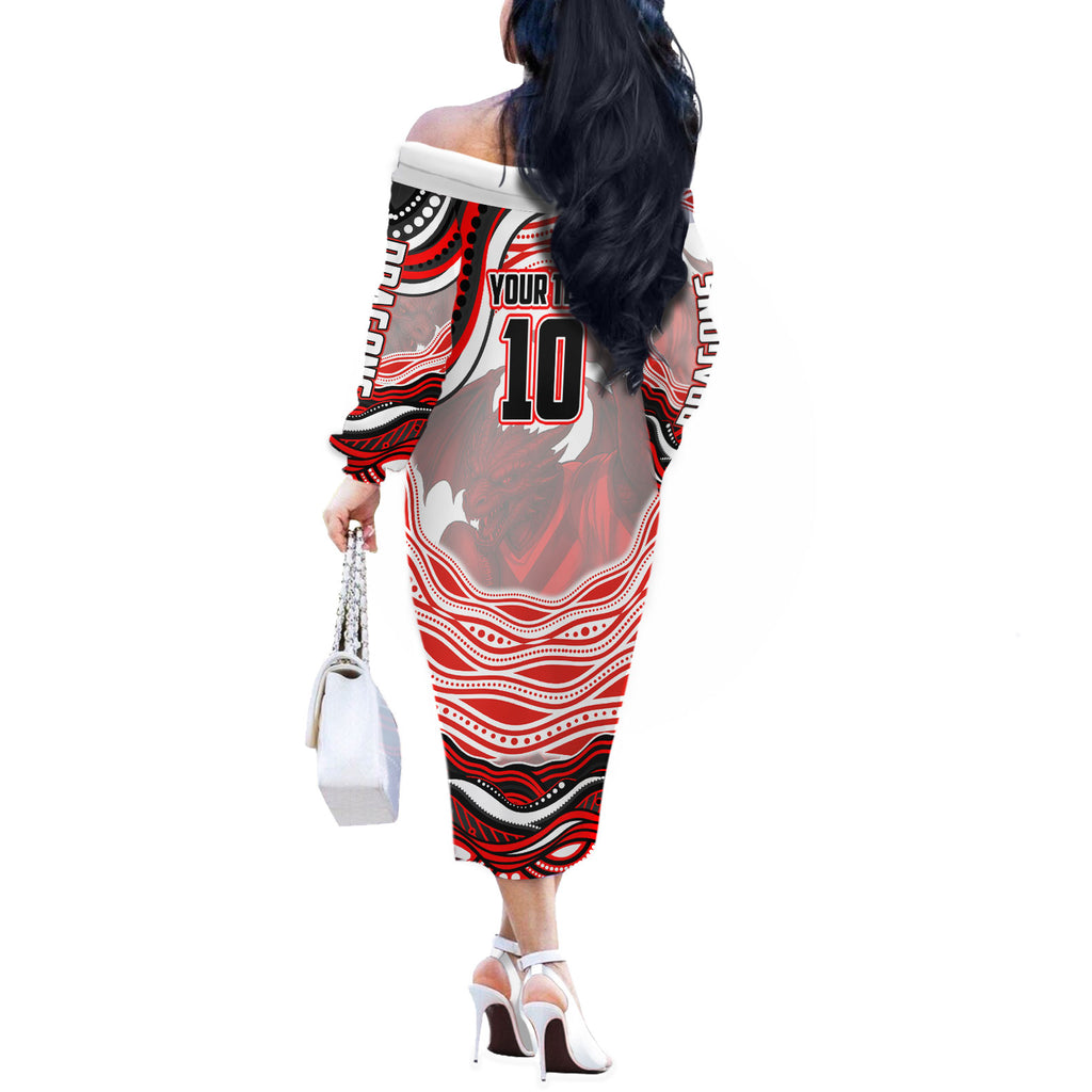 Personalized St George Illawarra Dragons Off The Shoulder Long Sleeve Dress Aboriginal Dot Art - Dreamtime Rugby Mascot