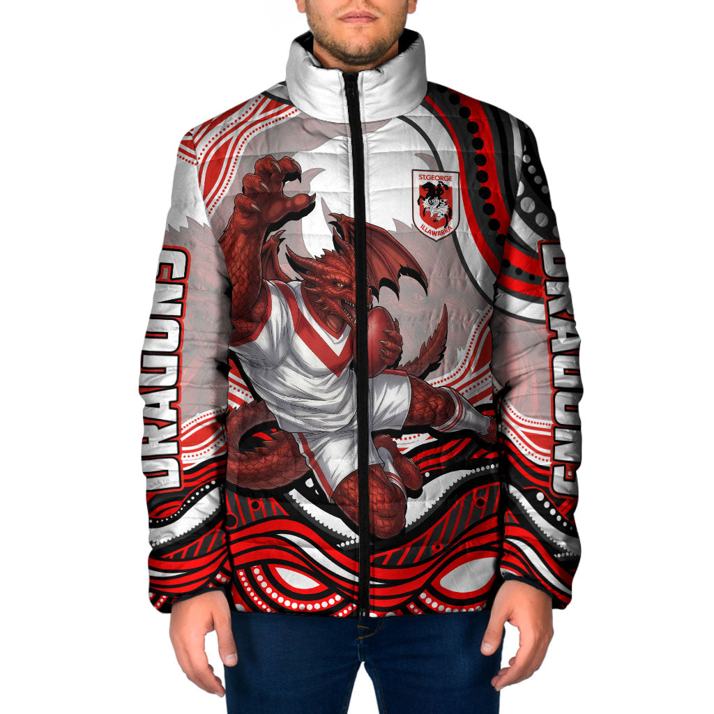 Personalized St George Illawarra Dragons Padded Jacket Aboriginal Dot Art - Dreamtime Rugby Mascot