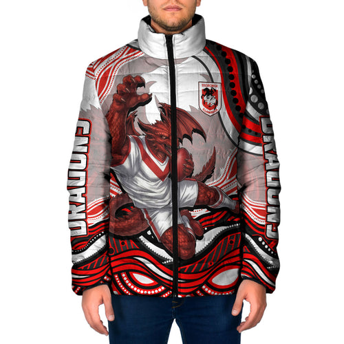 Personalized St George Illawarra Dragons Padded Jacket Aboriginal Dot Art - Dreamtime Rugby Mascot