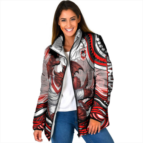 Personalized St George Illawarra Dragons Padded Jacket Aboriginal Dot Art - Dreamtime Rugby Mascot
