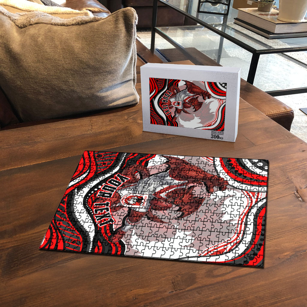 Personalized St George Illawarra Dragons Puzzle Aboriginal Dot Art - Dreamtime Rugby Mascot