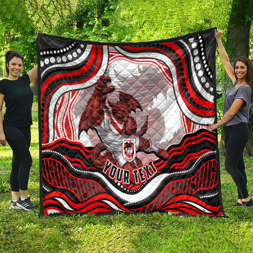 Personalized St George Illawarra Dragons Quilt Aboriginal Dot Art - Dreamtime Rugby Mascot