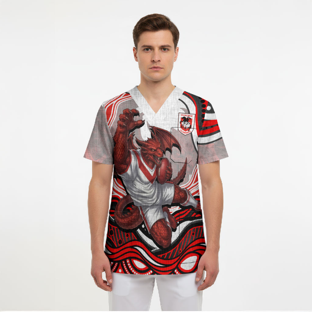 Personalized St George Illawarra Dragons Scrub Top Aboriginal Dot Art - Dreamtime Rugby Mascot