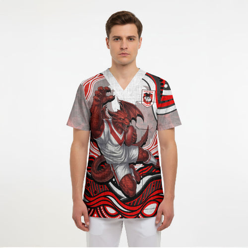 Personalized St George Illawarra Dragons Scrub Top Aboriginal Dot Art - Dreamtime Rugby Mascot