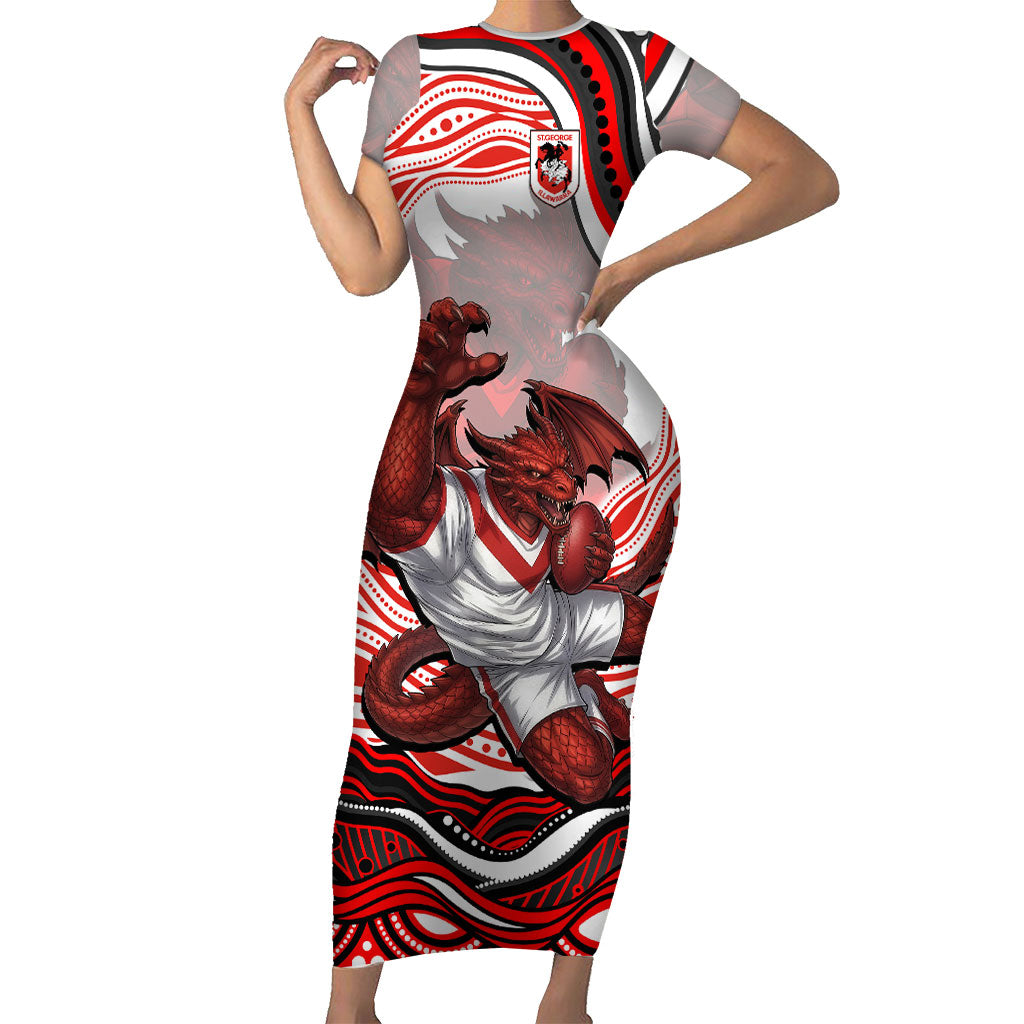 Personalized St George Illawarra Dragons Short Sleeve Bodycon Dress Aboriginal Dot Art - Dreamtime Rugby Mascot