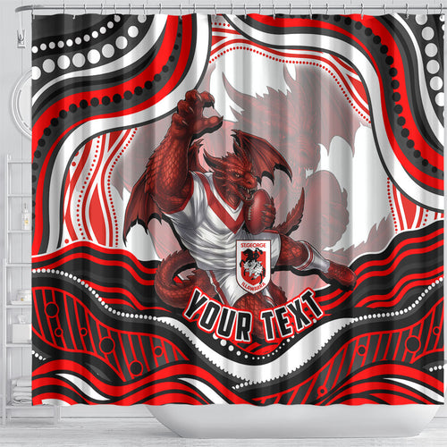 Personalized St George Illawarra Dragons Shower Curtain Aboriginal Dot Art - Dreamtime Rugby Mascot