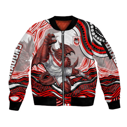 Personalized St George Illawarra Dragons Sleeve Zip Bomber Jacket Aboriginal Dot Art - Dreamtime Rugby Mascot