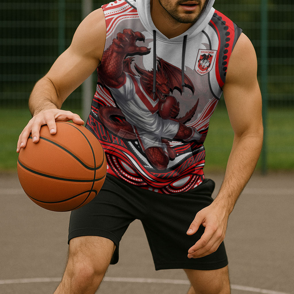 Personalized St George Illawarra Dragons Sleeveless Hoodie Aboriginal Dot Art - Dreamtime Rugby Mascot