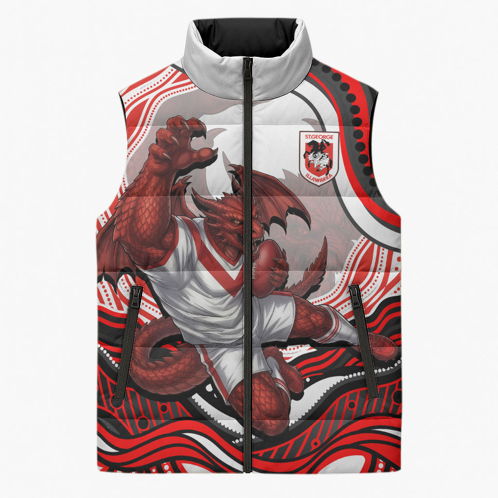 Personalized St George Illawarra Dragons Sleeveless Puffer Jacket Aboriginal Dot Art - Dreamtime Rugby Mascot